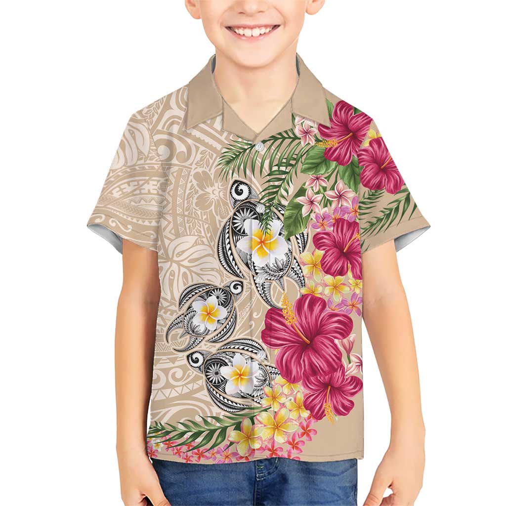 Hawaiian Tropical Flowers and Tribal Turtles Family Matching Mermaid Dress and Hawaiian Shirt Polynesian Art Motifs Beige Color LT03 Son's Shirt Beige - Polynesian Pride