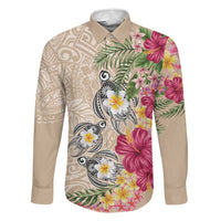 Hawaiian Tropical Flowers and Tribal Turtles Family Matching Off The Shoulder Long Sleeve Dress and Hawaiian Shirt Polynesian Art Motifs Beige Color LT03 Dad's Shirt - Long Sleeve Beige - Polynesian Pride