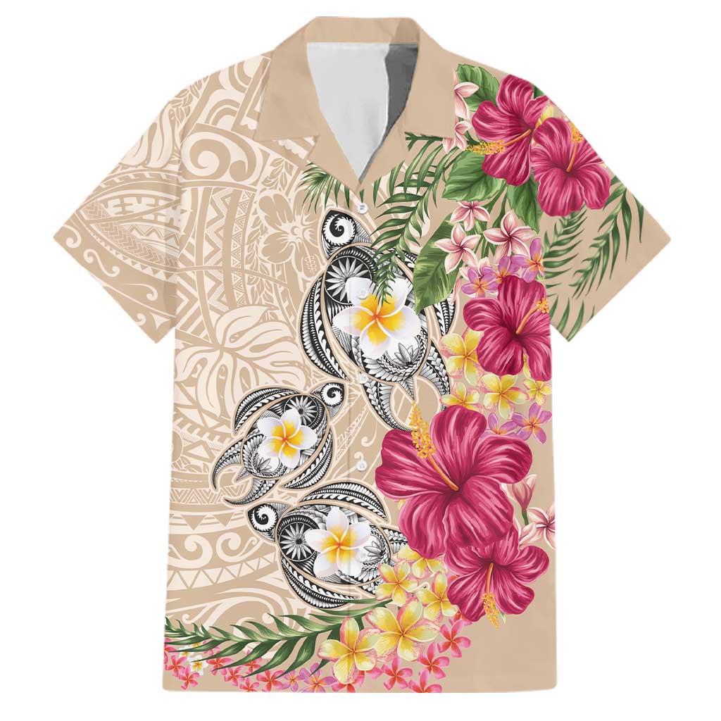 Hawaiian Tropical Flowers and Tribal Turtles Family Matching Off Shoulder Maxi Dress and Hawaiian Shirt Polynesian Art Motifs Beige Color LT03 Dad's Shirt - Short Sleeve Beige - Polynesian Pride