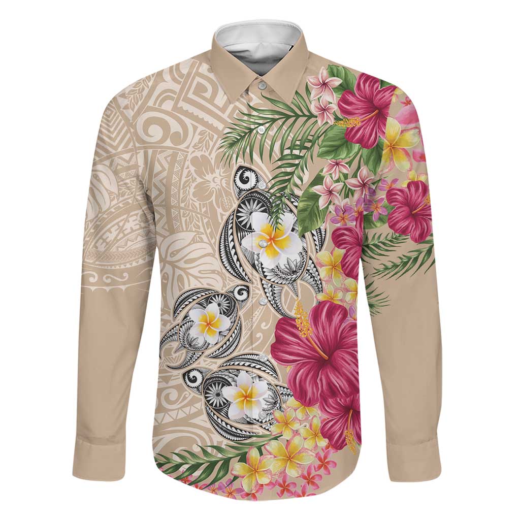 Hawaiian Tropical Flowers and Tribal Turtles Family Matching Off Shoulder Maxi Dress and Hawaiian Shirt Polynesian Art Motifs Beige Color LT03 Dad's Shirt - Long Sleeve Beige - Polynesian Pride