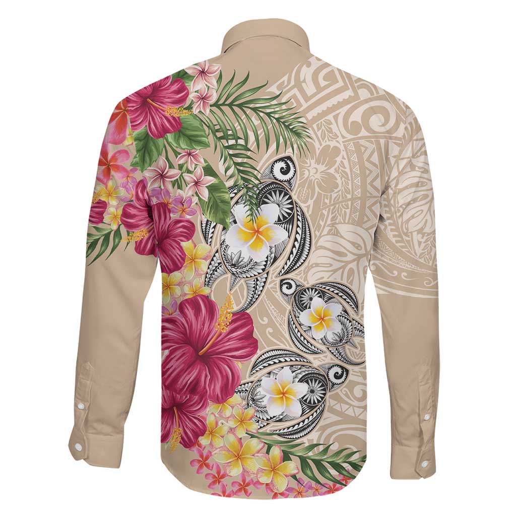 Hawaiian Tropical Flowers and Tribal Turtles Family Matching Off Shoulder Maxi Dress and Hawaiian Shirt Polynesian Art Motifs Beige Color LT03 - Polynesian Pride