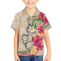 Hawaiian Tropical Flowers and Tribal Turtles Family Matching Off Shoulder Short Dress and Hawaiian Shirt Polynesian Art Motifs Beige Color LT03 Son's Shirt Beige - Polynesian Pride