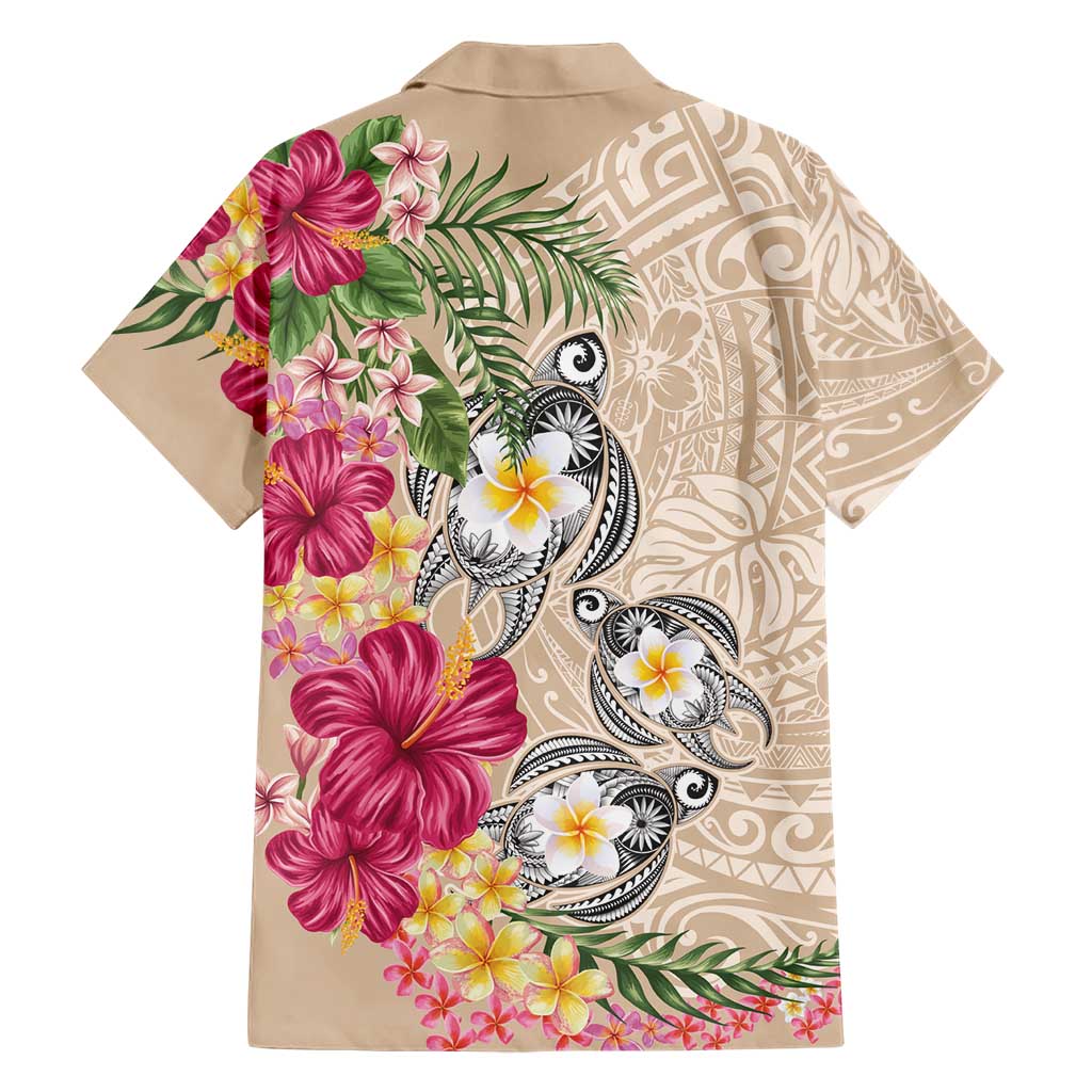 Hawaiian Tropical Flowers and Tribal Turtles Family Matching Summer Maxi Dress and Hawaiian Shirt Polynesian Art Motifs Beige Color LT03 - Polynesian Pride