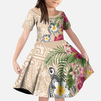 Hawaiian Tropical Flowers and Tribal Turtles Family Matching Tank Maxi Dress and Hawaiian Shirt Polynesian Art Motifs Beige Color LT03 Daughter's Dress Beige - Polynesian Pride