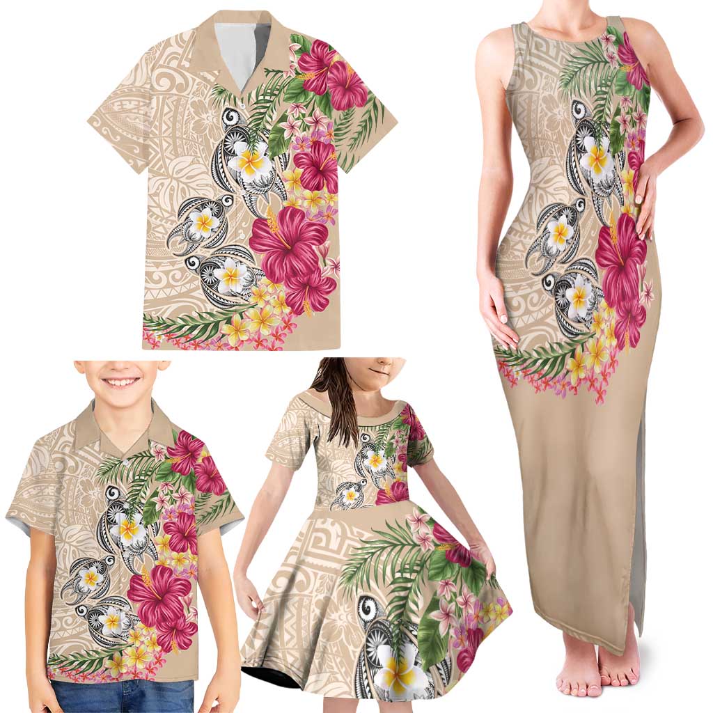 Hawaiian Tropical Flowers and Tribal Turtles Family Matching Tank Maxi Dress and Hawaiian Shirt Polynesian Art Motifs Beige Color - Polynesian Pride