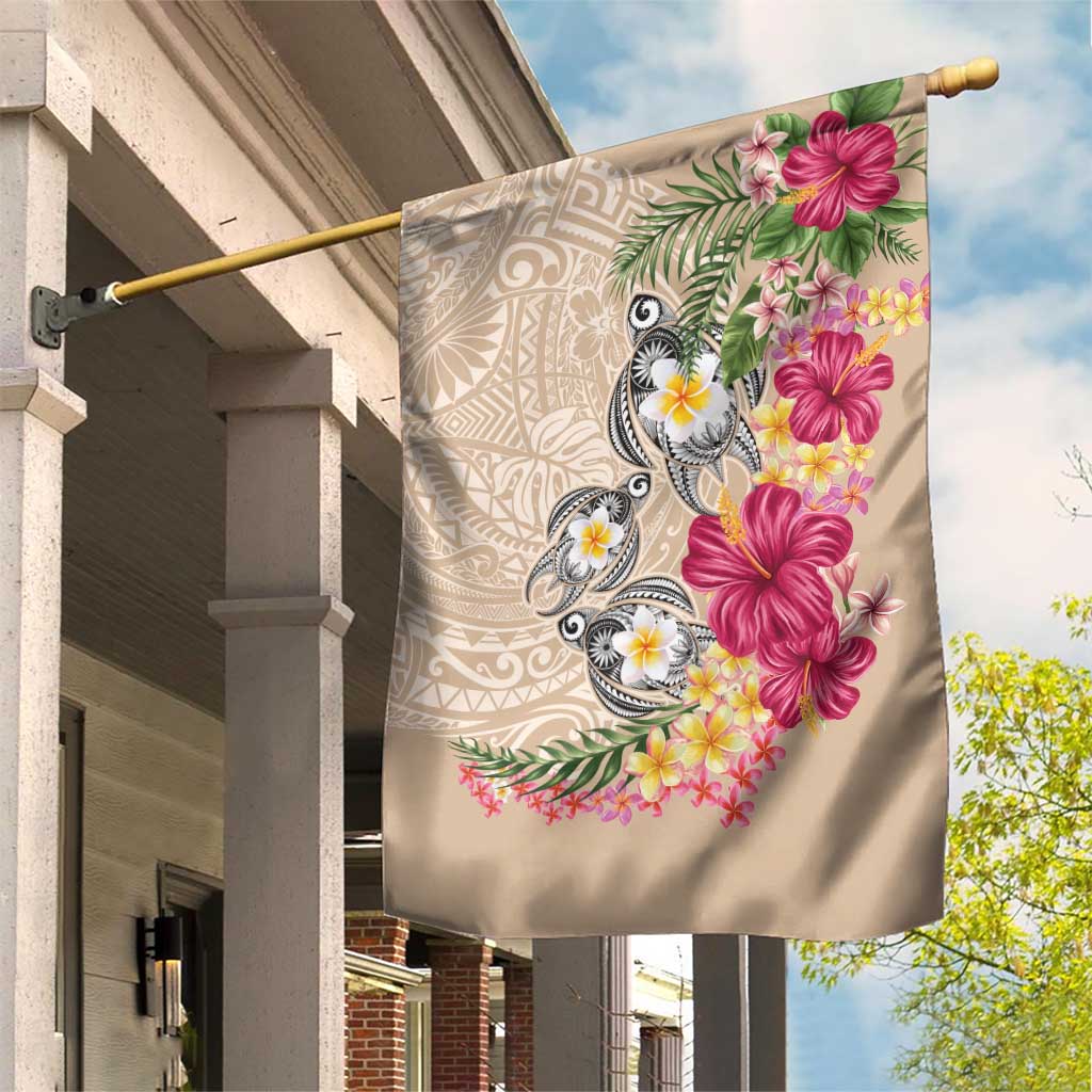Hawaiian Tropical Flowers and Tribal Turtles Garden Flag Polynesian Art Motifs Beige Color LT03 House Flag Beige - Polynesian Pride