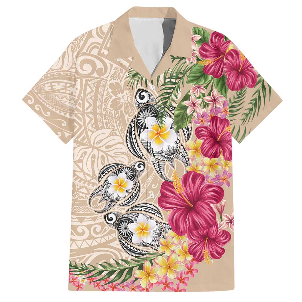 Hawaiian Tropical Flowers and Tribal Turtles Hawaiian Shirt Polynesian Art Motifs Beige Color - Polynesian Pride