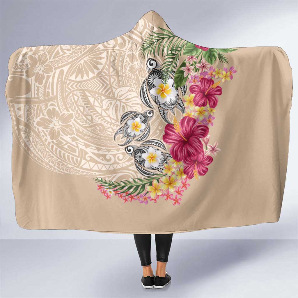 Hawaiian Tropical Flowers and Tribal Turtles Hooded Blanket Polynesian Art Motifs Beige Color LT03 One Size Beige - Polynesian Pride