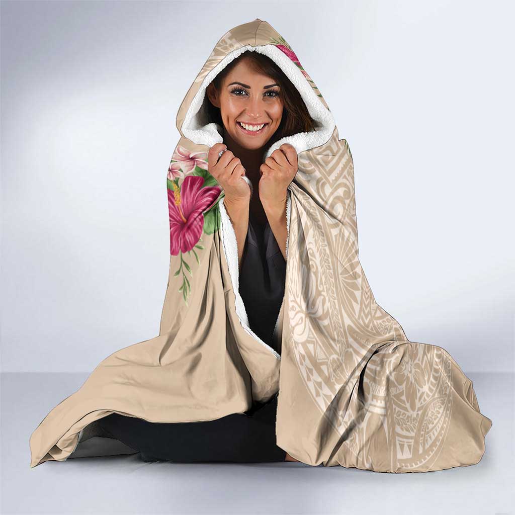 Hawaiian Tropical Flowers and Tribal Turtles Hooded Blanket Polynesian Art Motifs Beige Color LT03 - Polynesian Pride