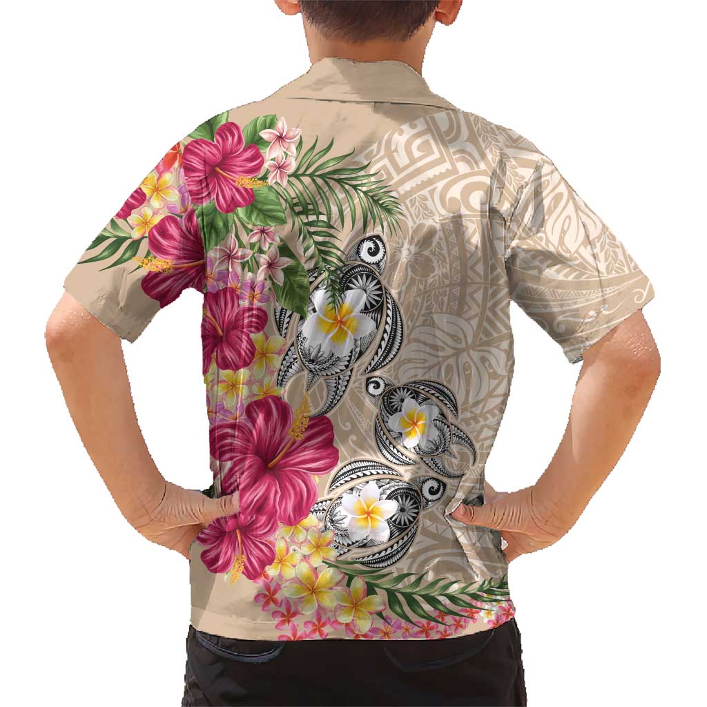 Hawaiian Tropical Flowers and Tribal Turtles Kid Hawaiian Shirt Polynesian Art Motifs Beige Color LT03 - Polynesian Pride