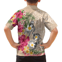 Hawaiian Tropical Flowers and Tribal Turtles Kid Hawaiian Shirt Polynesian Art Motifs Beige Color LT03 - Polynesian Pride