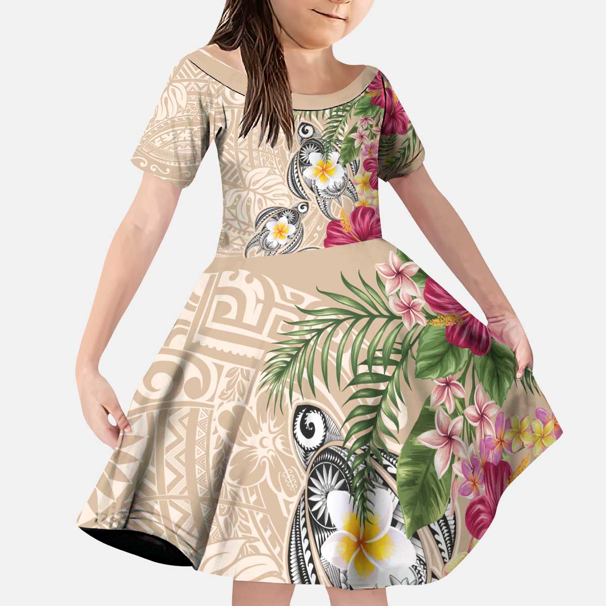 Hawaiian Tropical Flowers and Tribal Turtles Kid Short Sleeve Dress Polynesian Art Motifs Beige Color LT03 KID Beige - Polynesian Pride