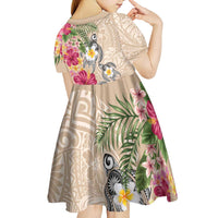 Hawaiian Tropical Flowers and Tribal Turtles Kid Short Sleeve Dress Polynesian Art Motifs Beige Color LT03 - Polynesian Pride