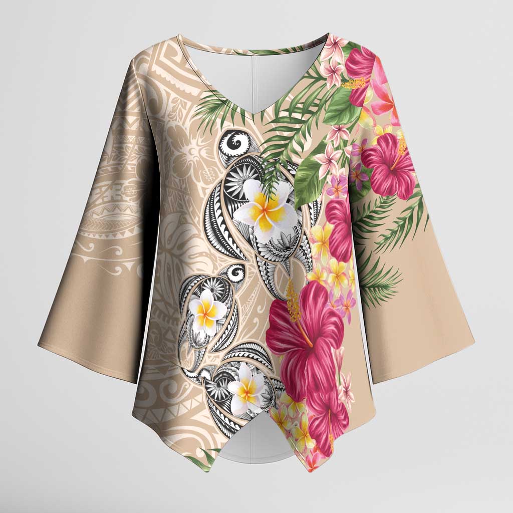 Hawaiian Tropical Flowers and Tribal Turtles Kimono Sleeve Blouse Polynesian Art Motifs Beige Color LT03 Female Beige - Polynesian Pride