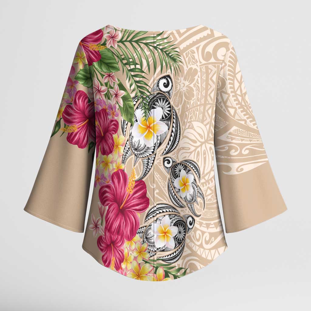 Hawaiian Tropical Flowers and Tribal Turtles Kimono Sleeve Blouse Polynesian Art Motifs Beige Color LT03 - Polynesian Pride