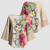 Hawaiian Tropical Flowers and Tribal Turtles Kimono Sleeve Blouse Polynesian Art Motifs Beige Color LT03 - Polynesian Pride