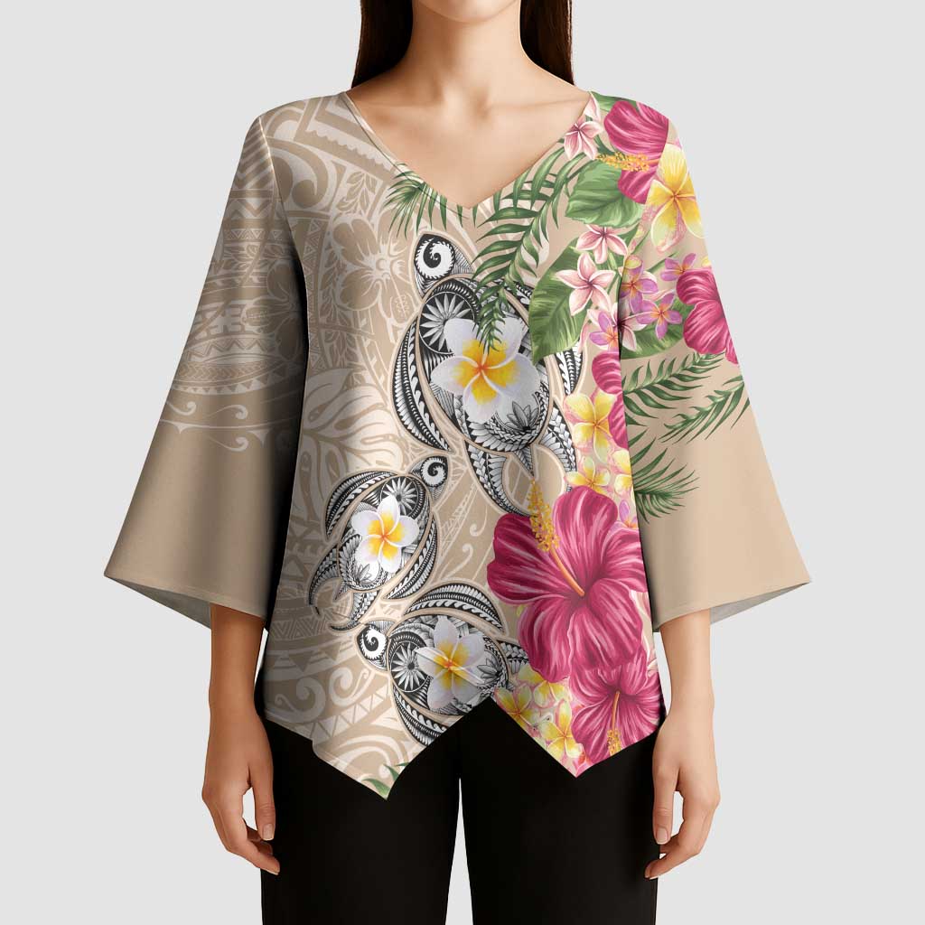 Hawaiian Tropical Flowers and Tribal Turtles Kimono Sleeve Blouse Polynesian Art Motifs Beige Color LT03 - Polynesian Pride
