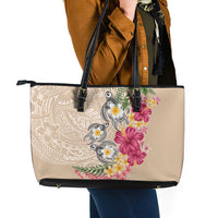 Hawaiian Tropical Flowers and Tribal Turtles Leather Tote Bag Polynesian Art Motifs Beige Color LT03 - Polynesian Pride