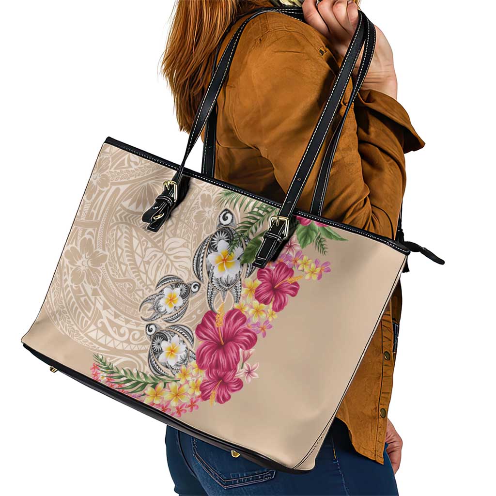 Hawaiian Tropical Flowers and Tribal Turtles Leather Tote Bag Polynesian Art Motifs Beige Color LT03 - Polynesian Pride