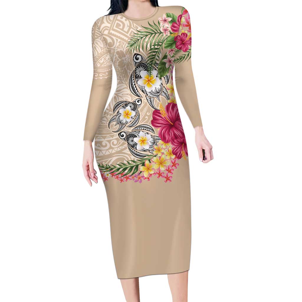 Hawaiian Tropical Flowers and Tribal Turtles Long Sleeve Bodycon Dress Polynesian Art Motifs Beige Color LT03 Long Dress Beige - Polynesian Pride