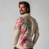 Hawaiian Tropical Flowers and Tribal Turtles Long Sleeve Polo Shirt Polynesian Art Motifs Beige Color LT03 - Polynesian Pride
