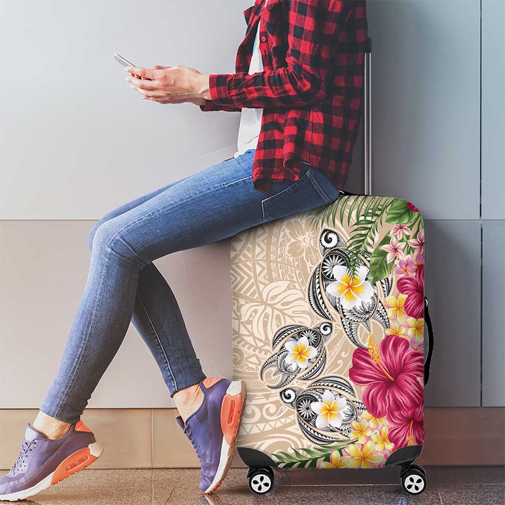 Hawaiian Tropical Flowers and Tribal Turtles Luggage Cover Polynesian Art Motifs Beige Color LT03 - Polynesian Pride