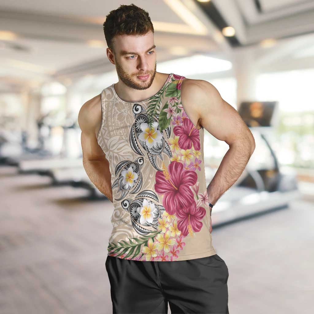 Hawaiian Tropical Flowers and Tribal Turtles Men Tank Top Polynesian Art Motifs Beige Color LT03 Beige - Polynesian Pride