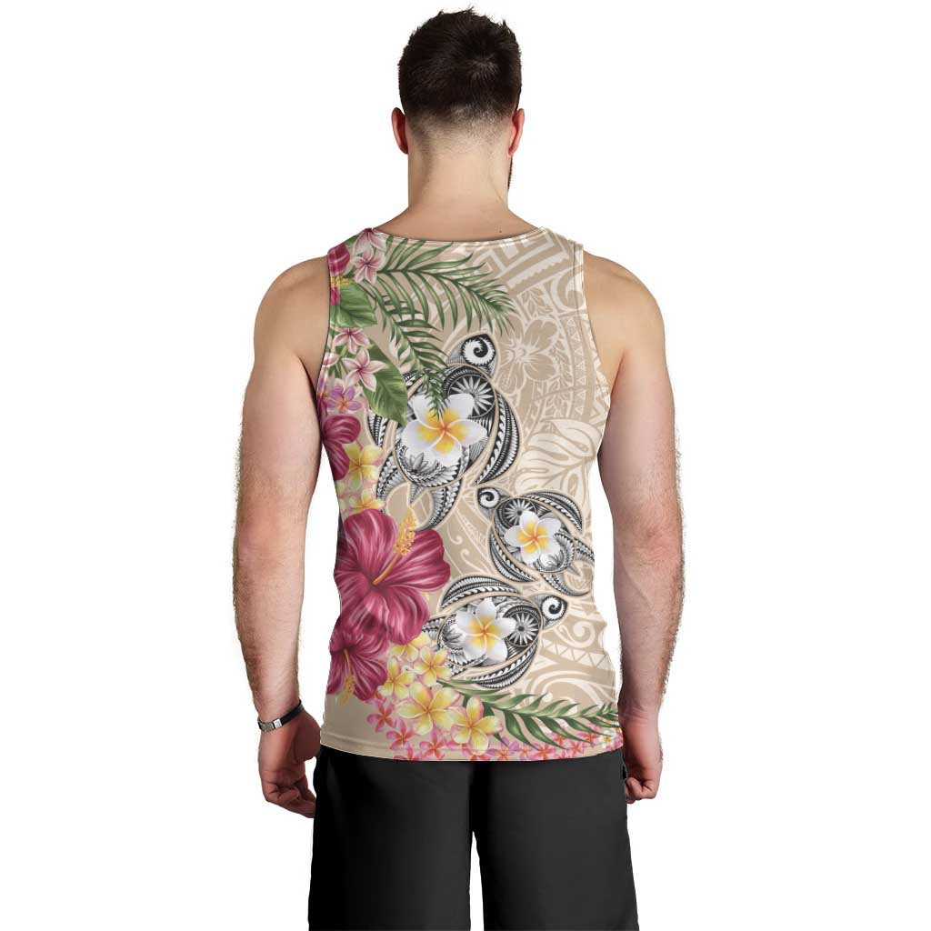 Hawaiian Tropical Flowers and Tribal Turtles Men Tank Top Polynesian Art Motifs Beige Color LT03 - Polynesian Pride