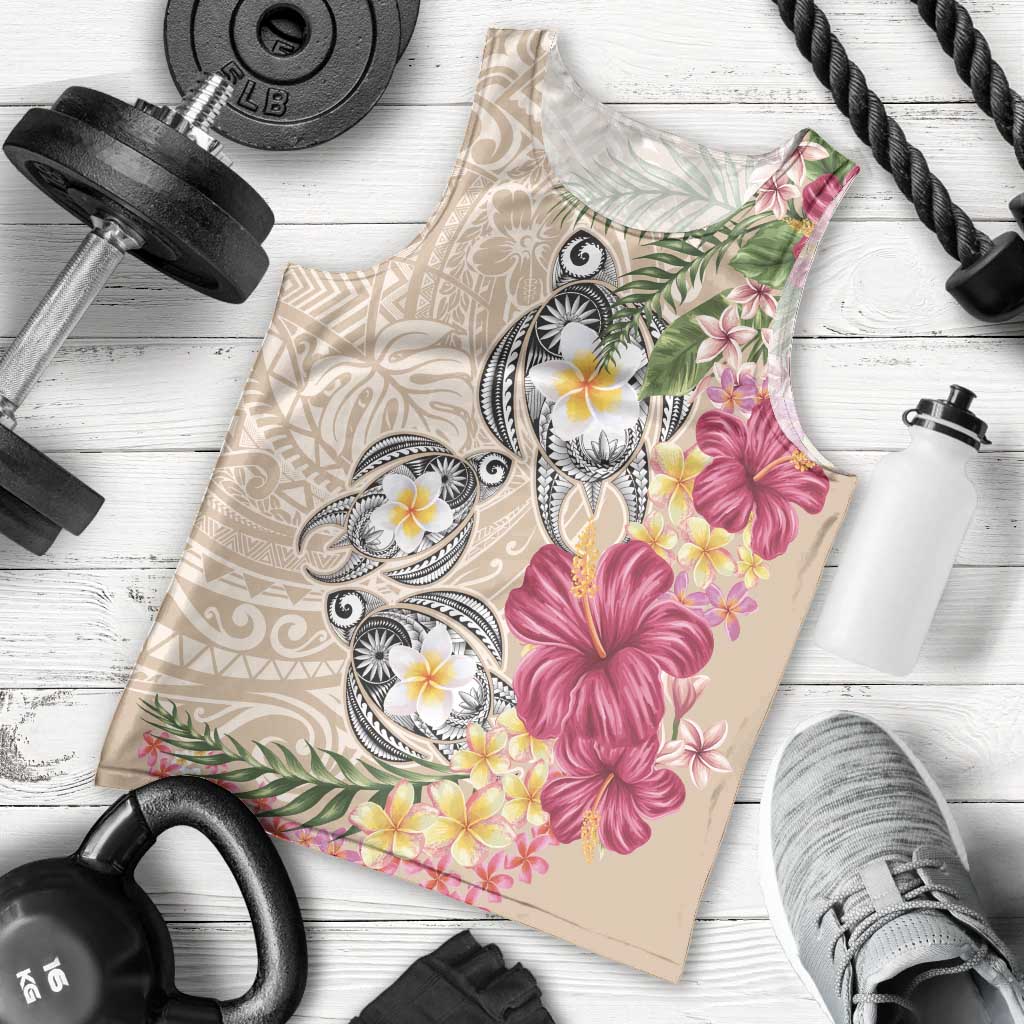 Hawaiian Tropical Flowers and Tribal Turtles Men Tank Top Polynesian Art Motifs Beige Color LT03 - Polynesian Pride