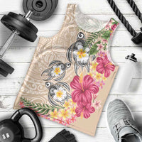 Hawaiian Tropical Flowers and Tribal Turtles Men Tank Top Polynesian Art Motifs Beige Color LT03 - Polynesian Pride