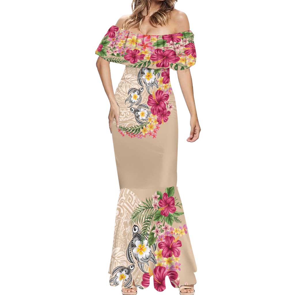 Hawaiian Tropical Flowers and Tribal Turtles Mermaid Dress Polynesian Art Motifs Beige Color LT03 - Polynesian Pride