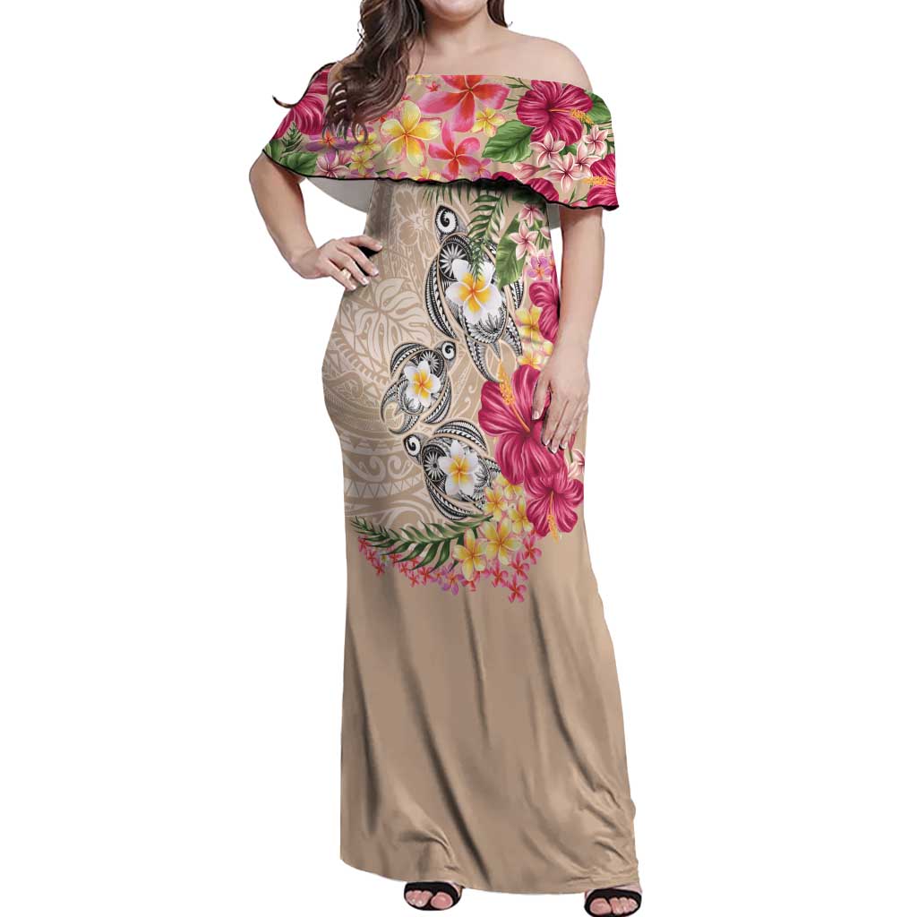 Hawaiian Tropical Flowers and Tribal Turtles Off Shoulder Maxi Dress Polynesian Art Motifs Beige Color LT03 Women Beige - Polynesian Pride