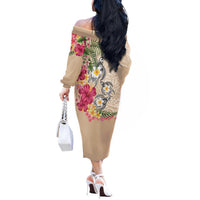Hawaiian Tropical Flowers and Tribal Turtles Off The Shoulder Long Sleeve Dress Polynesian Art Motifs Beige Color LT03 - Polynesian Pride