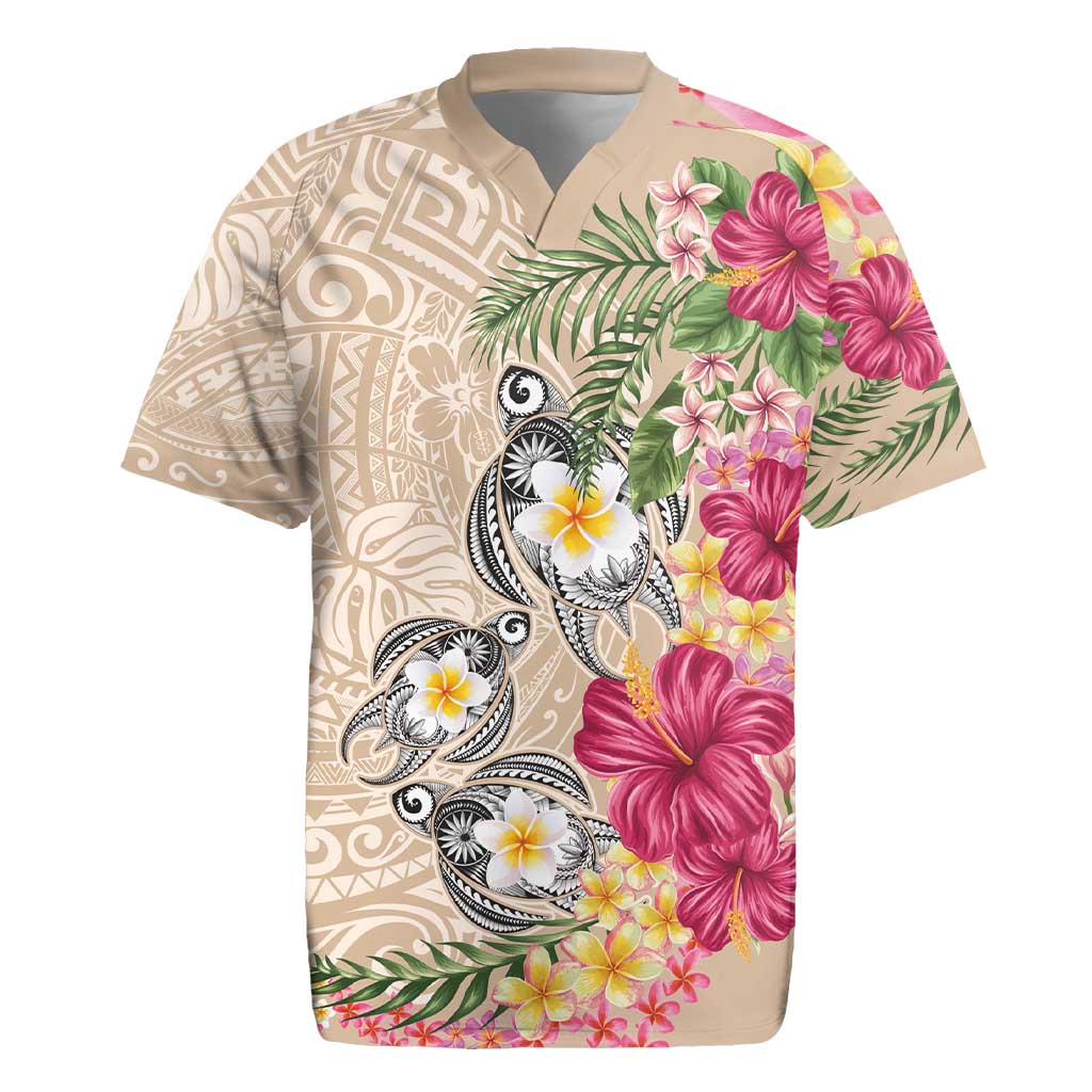 Hawaiian Tropical Flowers and Tribal Turtles Rugby Jersey Polynesian Art Motifs Beige Color LT03 Beige - Polynesian Pride