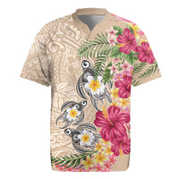 Hawaiian Tropical Flowers and Tribal Turtles Rugby Jersey Polynesian Art Motifs Beige Color LT03 Beige - Polynesian Pride