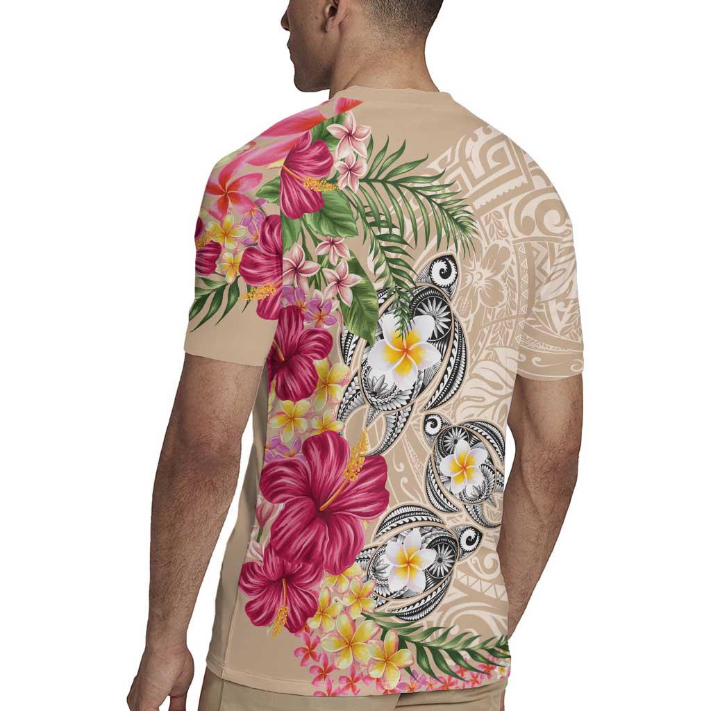 Hawaiian Tropical Flowers and Tribal Turtles Rugby Jersey Polynesian Art Motifs Beige Color LT03 - Polynesian Pride