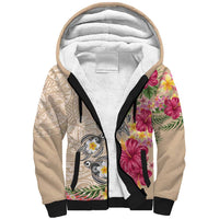 Hawaiian Tropical Flowers and Tribal Turtles Sherpa Hoodie Polynesian Art Motifs Beige Color LT03 Unisex Beige - Polynesian Pride