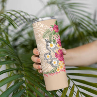 Hawaiian Tropical Flowers and Tribal Turtles Skinny Tumbler Polynesian Art Motifs Beige Color LT03 - Polynesian Pride