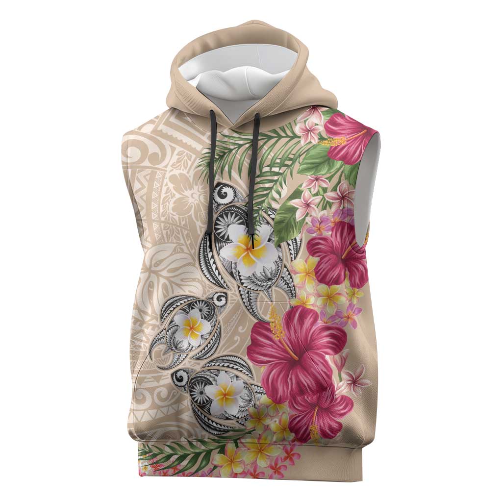 Hawaiian Tropical Flowers and Tribal Turtles Sleeveless Hoodie Polynesian Art Motifs Beige Color LT03 Beige - Polynesian Pride