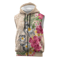 Hawaiian Tropical Flowers and Tribal Turtles Sleeveless Zip Hoodie Polynesian Art Motifs Beige Color LT03 Beige - Polynesian Pride