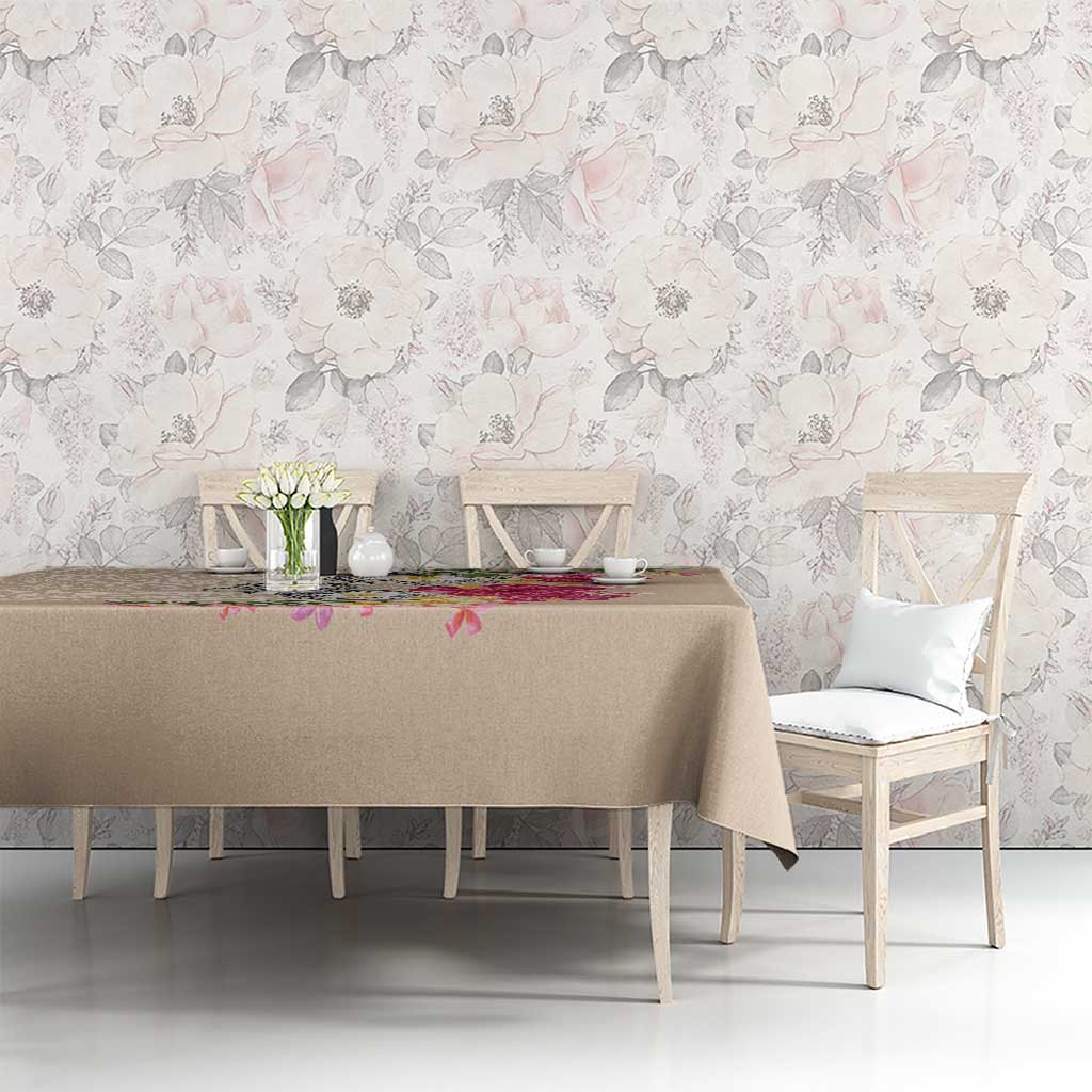 Hawaiian Tropical Flowers and Tribal Turtles Tablecloth Polynesian Art Motifs Beige Color - Polynesian Pride