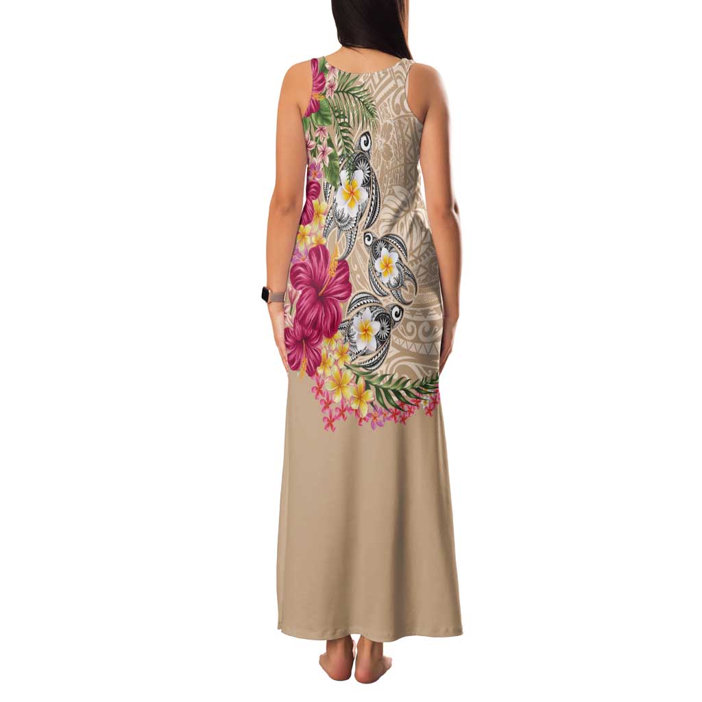 Hawaiian Tropical Flowers and Tribal Turtles Tank Maxi Dress Polynesian Art Motifs Beige Color LT03 - Polynesian Pride