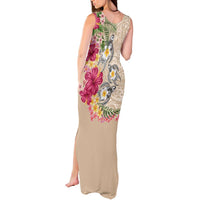 Hawaiian Tropical Flowers and Tribal Turtles Tank Maxi Dress Polynesian Art Motifs Beige Color LT03 - Polynesian Pride
