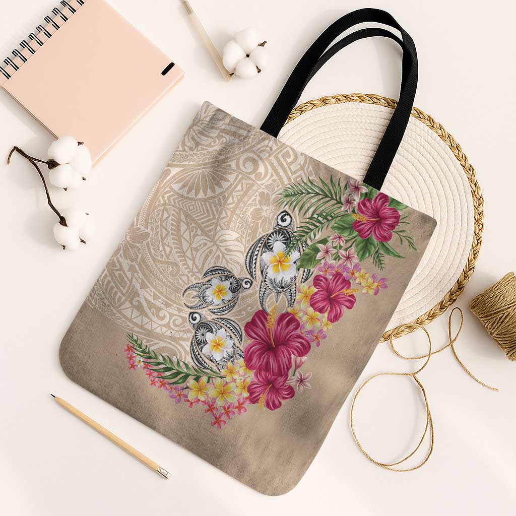 Hawaiian Tropical Flowers and Tribal Turtles Tote Bag Polynesian Art Motifs Beige Color LT03 Black Strap One Size Beige - Polynesian Pride