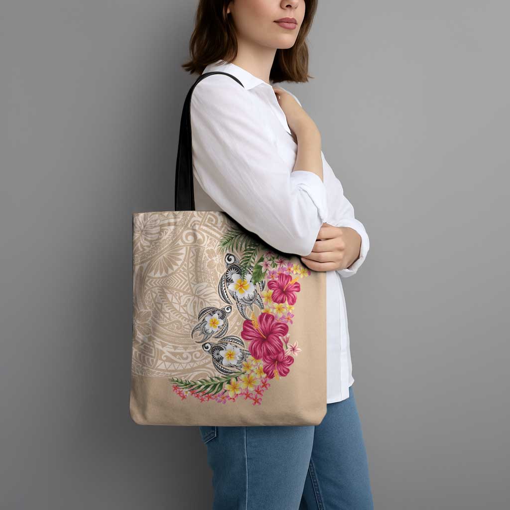 Hawaiian Tropical Flowers and Tribal Turtles Tote Bag Polynesian Art Motifs Beige Color LT03 - Polynesian Pride