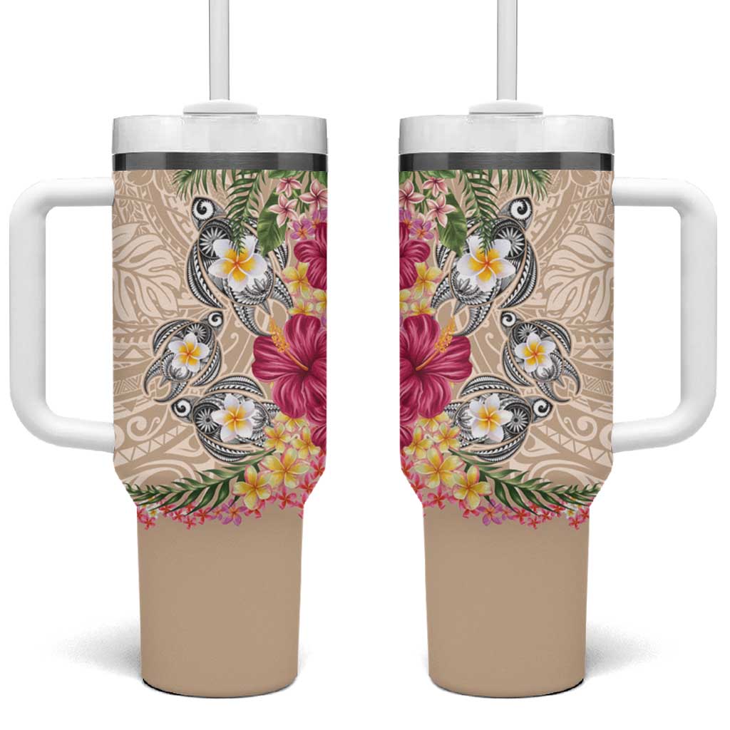 Hawaiian Tropical Flowers and Tribal Turtles Tumbler With Handle Polynesian Art Motifs Beige Color LT03 One Size: 40 oz Beige - Polynesian Pride
