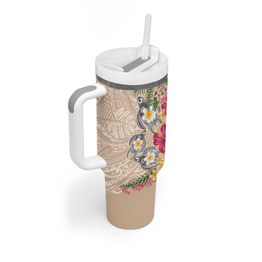 Hawaiian Tropical Flowers and Tribal Turtles Tumbler With Handle Polynesian Art Motifs Beige Color LT03 - Polynesian Pride
