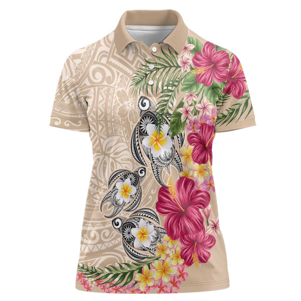 Hawaiian Tropical Flowers and Tribal Turtles Women Polo Shirt Polynesian Art Motifs Beige Color - Polynesian Pride