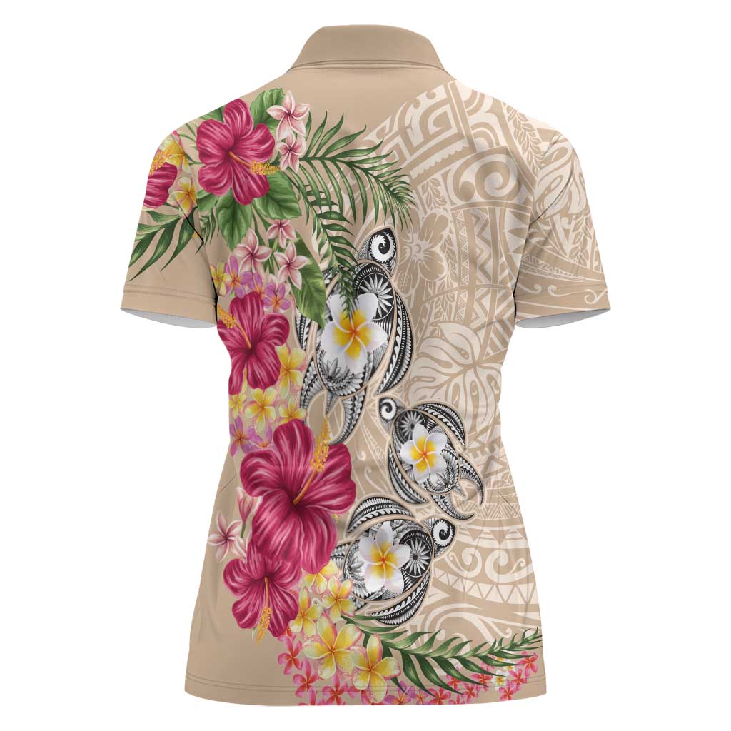 Hawaiian Tropical Flowers and Tribal Turtles Women Polo Shirt Polynesian Art Motifs Beige Color LT03 - Polynesian Pride