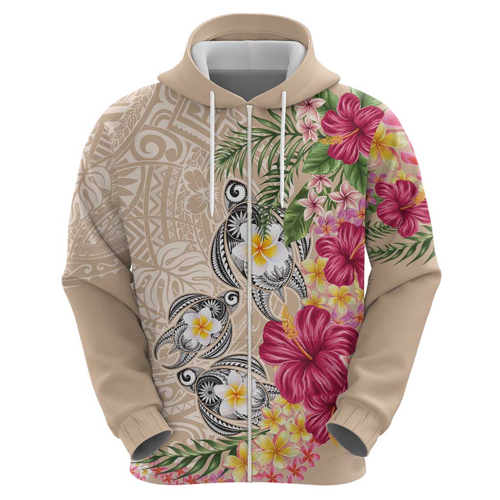 Hawaiian Tropical Flowers and Tribal Turtles Zip Hoodie Polynesian Art Motifs Beige Color LT03 - Polynesian Pride